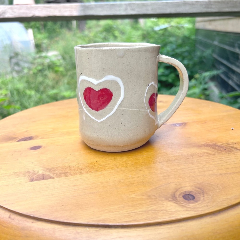 Vintage Pottery Mug Large Oatmeal Red Heart Dragonfly Makes Me Smile Studio Cup